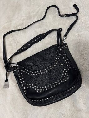 Frye Black and Silver Leather Crossbody Bag with Studded Details
